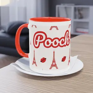 Ceramic Mug with "Pooch" Design Red Interior Eiffel Tower & Lips Pattern White Surface with Handle for Coffee or Tea