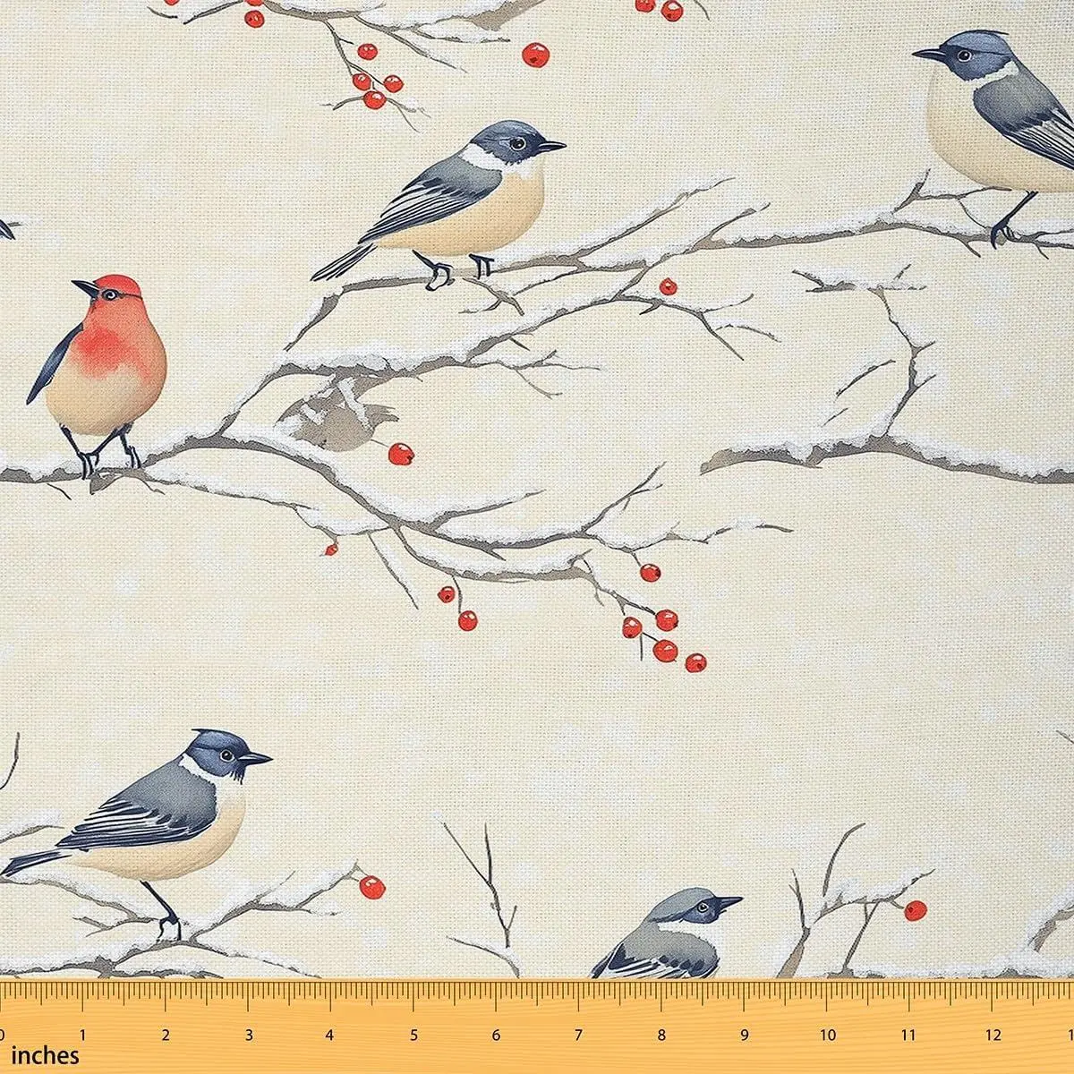 Chinese Style Fabric,Bird Branches Upholstery Fabric Chairs Winter Snow Fabric Home DIY Projects,Indoor Decor Landscape Soft Flannel