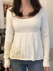 Women's Long Sleeve Pullover Sweater Y2K Style A-Line Spring Fashion, Cute Girls' Casual Knitwear for Daily Wear, Trendy Lightweight Knit Sweater