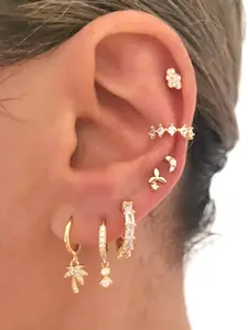 7Pcs Exquisite 24K Gold Plated Cubic Zirconia Star Moon Cloud Stud Earrings Set For Women Zircon Hoop Earrings Pack Drop Dangle Earrings Stack