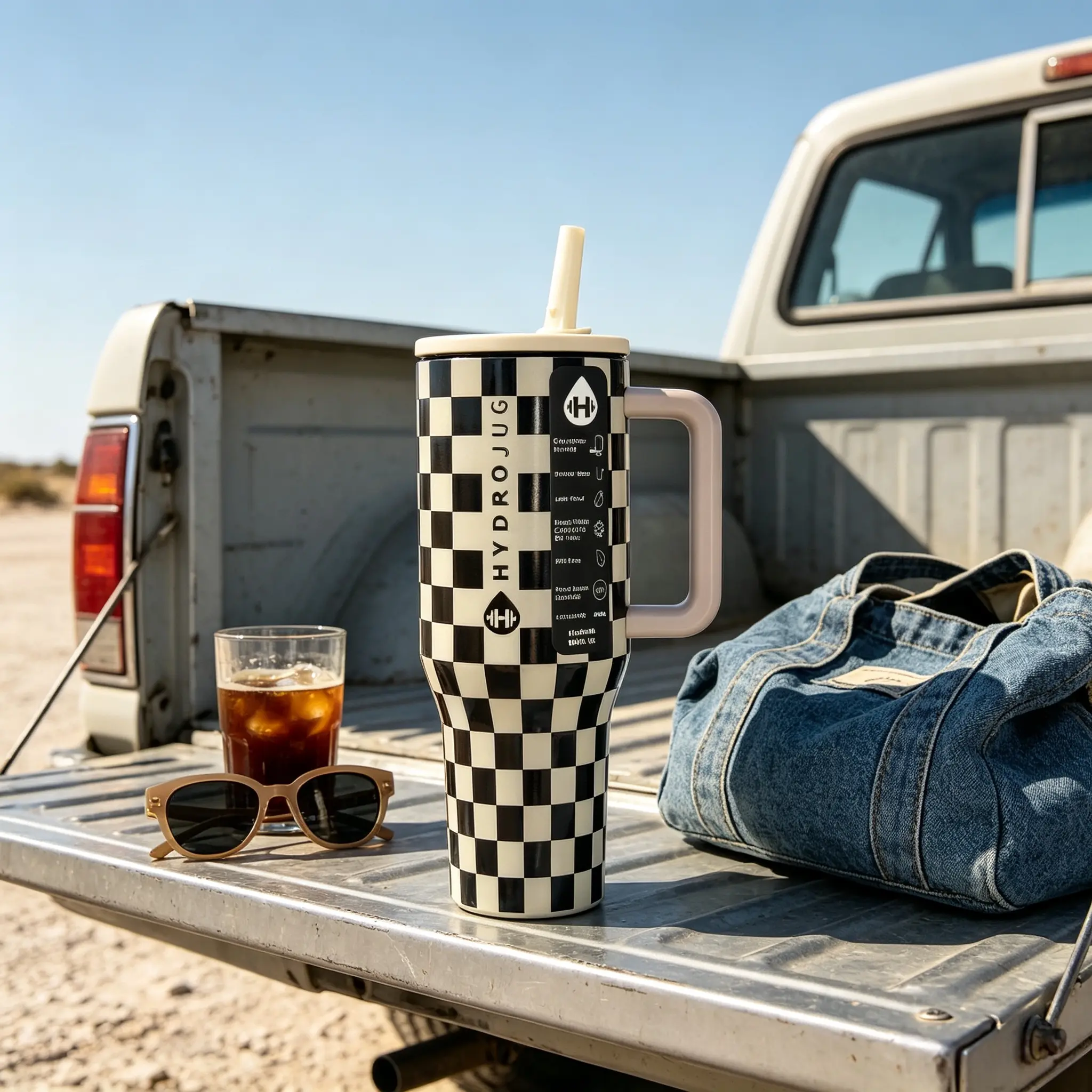 HydroJug 40oz Checkered Stainless Steel Tumbler with Handle - Leakproof Insulated Travel Mug, 24h Icy Cold Retention, BPA-Free, for Car Gym Use, Leakproof Insulated Tumbler, Stylish, Flask
