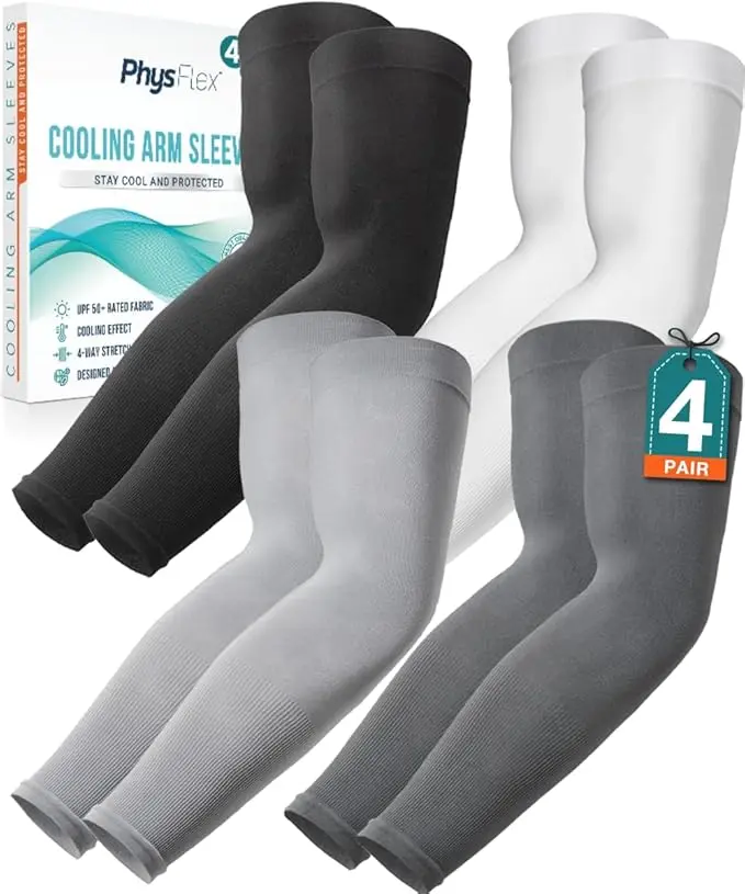 Physflex Cooling Arm Sleeves for Men & Women - 4 Pair Compression Sleeves with UPF 50+ Sun Protection for Football Volleyball Sports