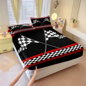 Racing Checkered Flag Victory Fitted Sheet Set Includes 1 Fitted Sheet & 2 Pillowcases without Filler, Super soft & adrenaline-pumping, blasts with bold black-red flags, grid patterns & pure racing energy. Fuel your victory dreams nightly! (