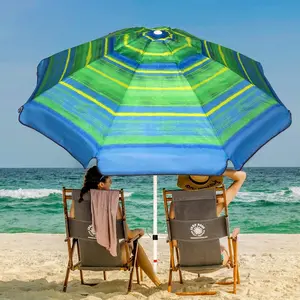 7FT Beach Umbrella with Sand Anchor & Carry Bag, Portable Outdoor Windproof Sun Umbrella Sun 50+ Protection With Push Button Tilt & Air Vent (Green Stripe)