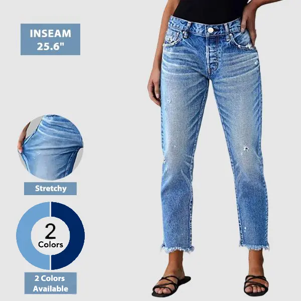 Flamingals Raw Hem Ripped Mid Waist Straight Leg Crop Jeans Womenswear Stretchy 25.6" Inseam Flamingals Raw Hem Ripped Mid Waist Straight Leg Crop Jeans Womenswear Stretchy 25.6" Inseam