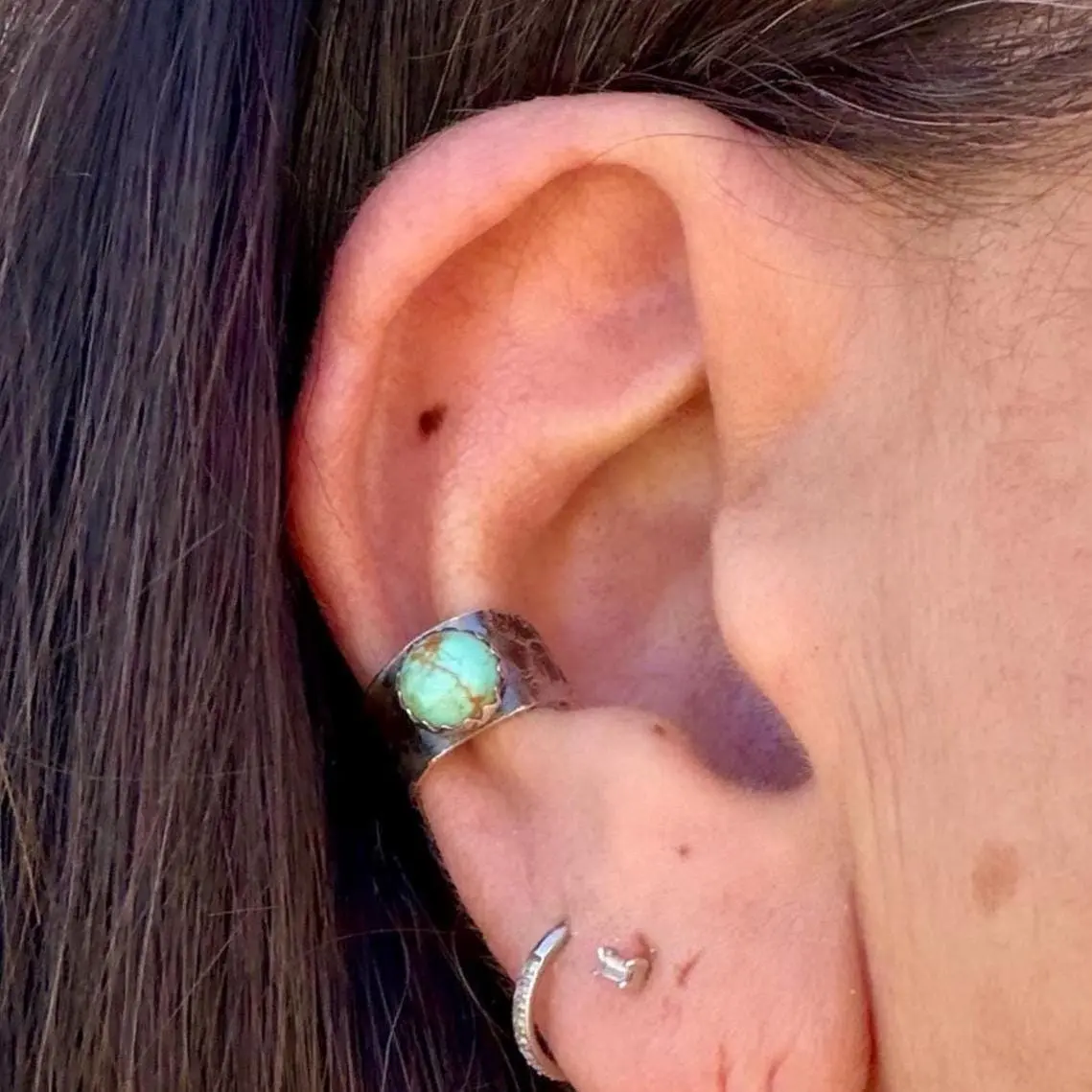 Handmade Genuine Turquoise Ear Cuff (4mm-6mm), Sterling Silver Faux Conch Unique Earrings for US Casual Wear, Nature-Inspired, No Piercing Needed