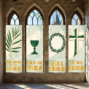 4 Pcs Religious Banners, Polyester Material Religious vertical hanging banners with classic Christian patterns suitable for Holy Week Easter church gathering decoration and home prayer room wall adornment to create warm devotional atmosphere