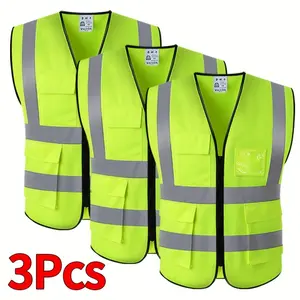3pcs High Visibility Reflective Safety Vests with Pockets & Zipper, Ideal for Work Tiktok shop