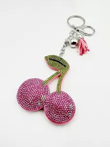 Creative Embroidered Velvet Cherry Keychain, 3D Rhinestone Fruit Charm, Bag Accessory, Casual Style, Trendy Cute Keychain, All Seasons