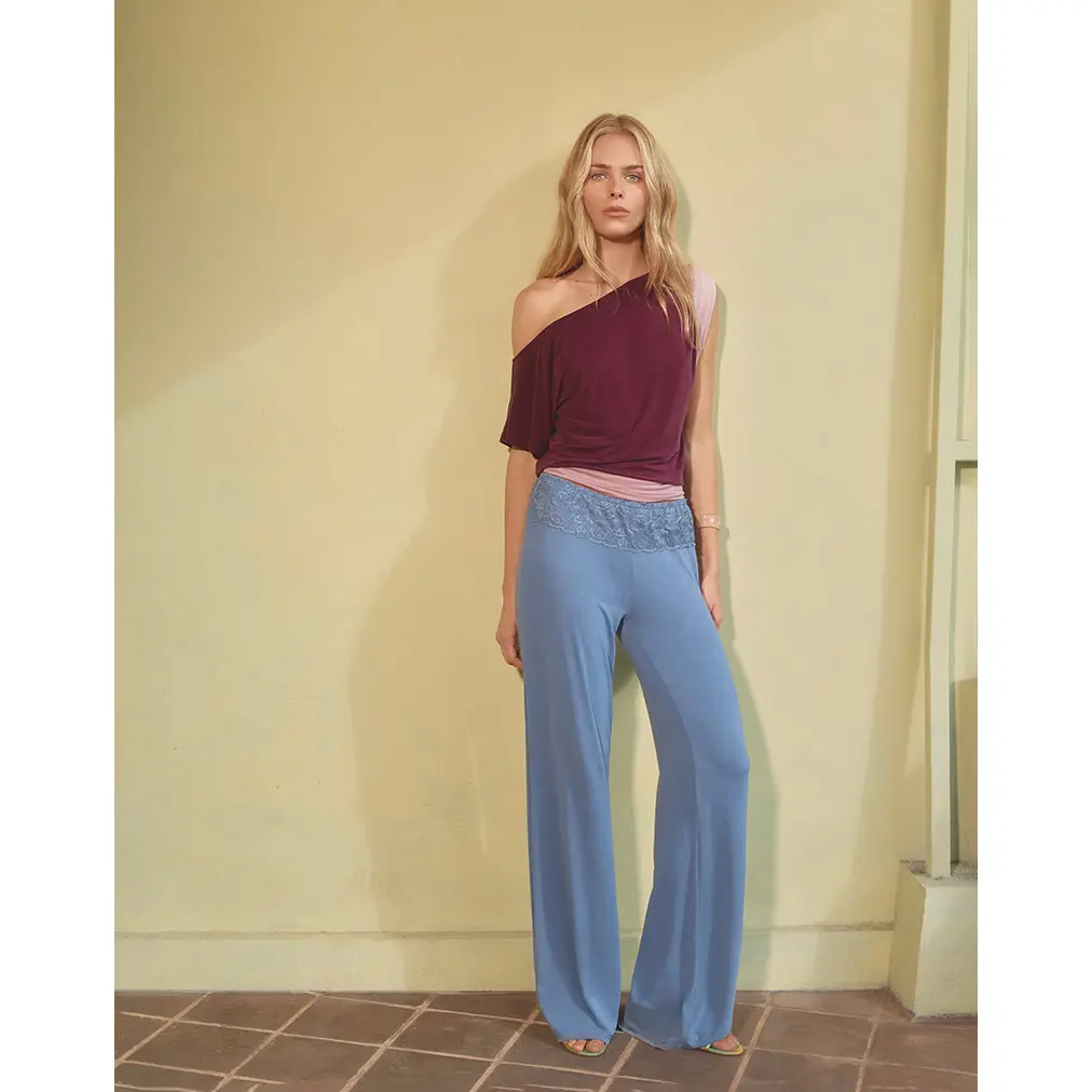 Jia Trouser in Cupro Dusty Blue with Lace Trim