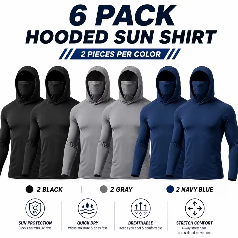 Men’s Hooded Sports Tops 3/6 Pack with Face Mask Design, High Stretch Quick-Dry Fabric, UPF Sun Protection, Lightweight Breathable Long Sleeve Shirts for Fishing, Hiking, Running, Camping, Outdoor Sports and Working in Sunny Conditions