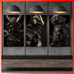 3-Panel Black & Gold Samurai Warrior Canvas – Japanese Armor Wall Art – Dark Modern Decor for Living Room & Gaming Setup
