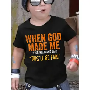 Boys Fashion Short Sleeve T-Shirt - Fun Lettering Print "When God Made Me" Design, Comfortable Casual Summer Top for Young Children, Teen Boys Clothing