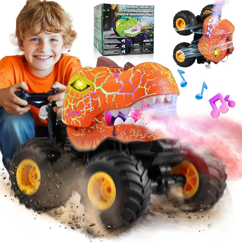 2.4GHz Dinosaur Remote Control Car, Remote Control Monster Truck for Boys Girls with Light, Sound & Spray,for Toddlers Kids 3-5 6 7 8-12 All Terrain Indoor/Outdoor, Christmas Birthday Gifts