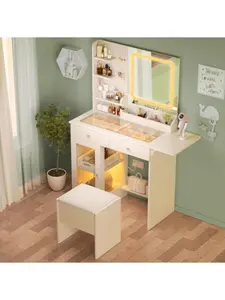 Bellemave   Small Vanity Desk with Mirror and Lights and Chair, Makeup Vanity with Glass Top and 2 USB Power Strip, Vanity with Two Drawers and one Cabinet, Dressing Table Set with 3 Lights Colors Mirror (Wh