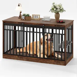 Garvee 55" Extra Large Dog Crate Furniture w/ Sliding Door & 2 Built-in Bowls 🐾 Heavy Duty Wooden Kennel TV Stand Console with Dual Storage Drawers, Modern Farmhouse Indoor Pet Cage for Medium Large Dogs, Stylish Dog House Table, Vintage Brown