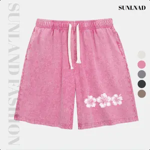 Sunland Heavyweight Cotton Retro Acid Wash Shorts, White Hibiscus Floral Graphic Printed Unisex Streetwear Casual Shorts for Summer Outdoor Daily Wear