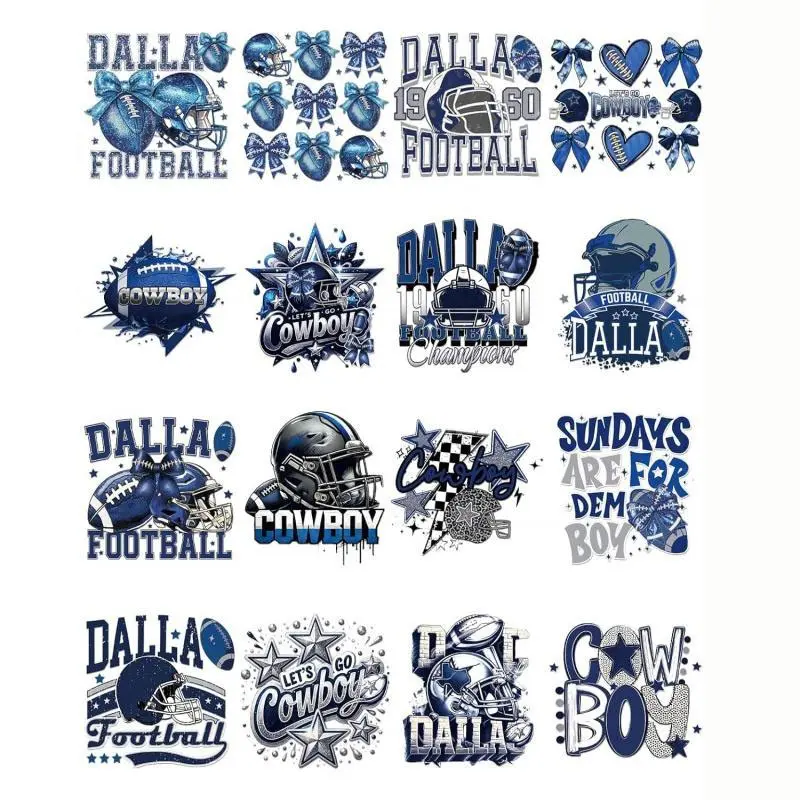 Football UV DTF Wraps - 16 Sheets Blue Cowboy Uvdtf Cup Stickers for 16 oz Waterproof Personalized Sports Helmet Rub on Transfers Decals for DIY Glass Water Bottle Mugs Tumblers Wood Crafts Custom Decal Sticker Packs Stickers Set