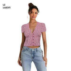Women's Trendy Plaid Crop Tops Summer Short Sleeve V Neck Button Up T-shirts