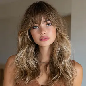 SMILCO/16Inch Highlight Gold with Brown Long Wavy with Bangs Synthetic Wig/SM513