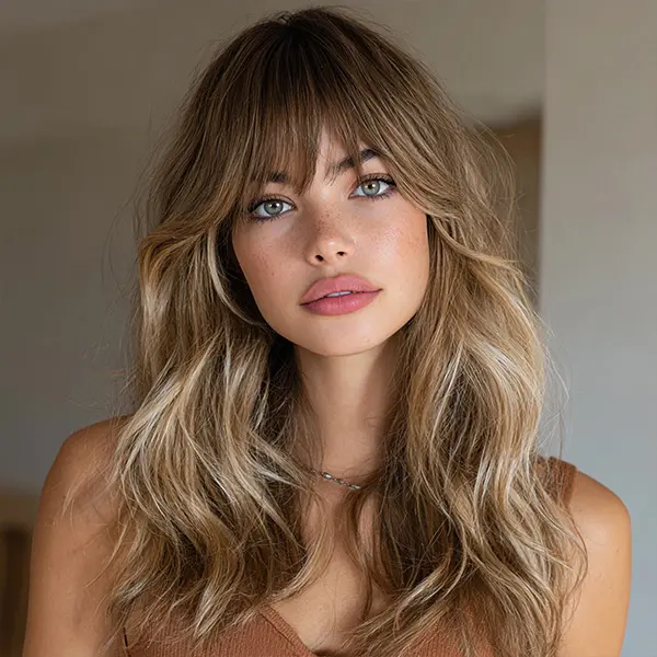 SMILCO/16Inch Highlight Gold with Brown Long Wavy with Bangs Synthetic Wig/SM513 SMILCO/16Inch Highlight Gold with Brown Long Wavy with Bangs Synthetic Wig/SM513