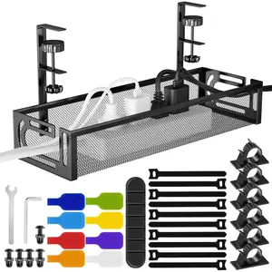 No Drill Under Desk  Management Tray,  15.7" Cord Organizer for Table, Clamp Mount Desk  Management,  Carbon Steel  Organizer for Office,  (Black)