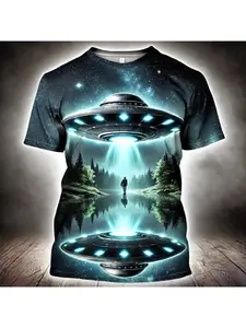 Summer UFO Alien 3d Print T-shirt Men Fashion Casual O-Neck Short Sleeve Tshirt Funny Mysterious Spaceship Tops Tees Men Clothes