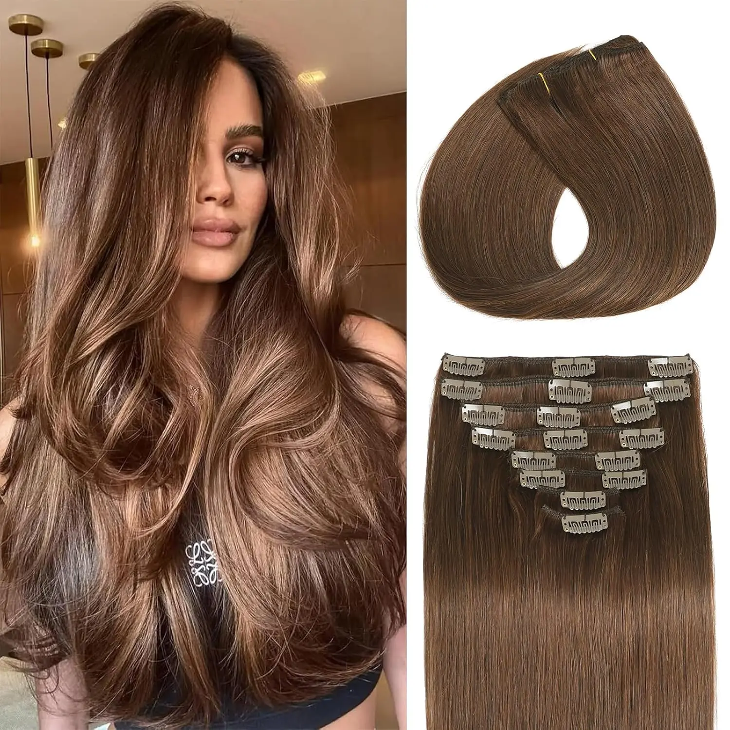 Chocolate Brown Human Hair 7Pcs Clip in Hair Extensions Real Human Hair, Remy Human Hair Extensions Clip ins for Women, Natural Human Hair,  120g ,