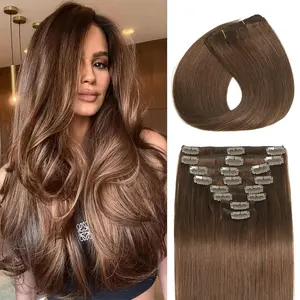 Chocolate Brown Human Hair 7Pcs Clip in Hair Extensions Real Human Hair, Remy Human Hair Extensions Clip ins for Women, Natural Human Hair,  120g ,