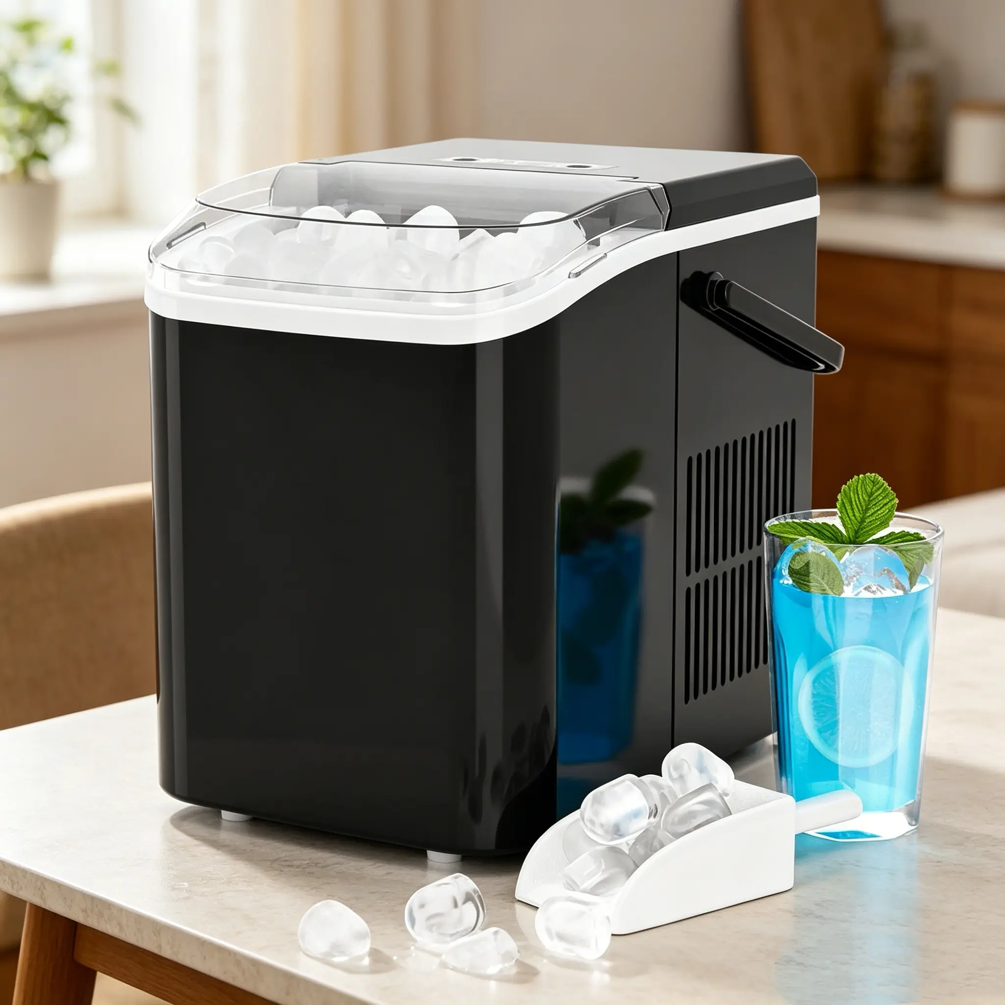 Portable Automatic Countertop Self-Cleaning Ice Maker with Handle - Transparent Window, Fast Production (9 Bullet Cubes in 6 Mins, 26.5 lbs/15.4 lbs per Day), 2 Sizes, 40dB Low Noise, Scoop & Basket Included for Camping, Bar, Office