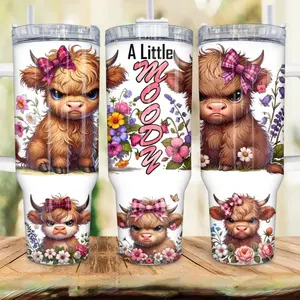 Highland Cow Tumbler 40oz Stainless Steel Handmade Lid Straw Bottle Drinkware Water Bottles Cup Mug Portable Bottled Washable Reusable Insulated Flasks