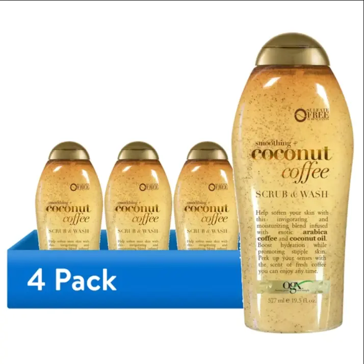 ( 4 PACK) OGX Smoothing + Coconut Coffee Body Scrub, 19.5 fl oz | Infused with Arabica Coffee & Coconut Oil, Exfoliating, Hydrating Body Wash, Dry Skin, Paraben-Free, Sulfate-Free Surfactants