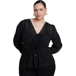 ELOQUII Women's Plus Size Smocked Sheer Blouse