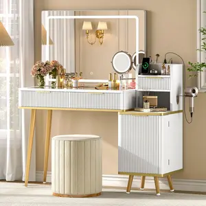 47" Stand-Alone Makeup Vanity Desk with 5X Magnifying Mirror, 3-Color LED Light, Fluted Glass Top, USB Charging, Hair Dryer Holder & Adjustable Shelves for Bedroom, Stand-Alone Makeup Vanities