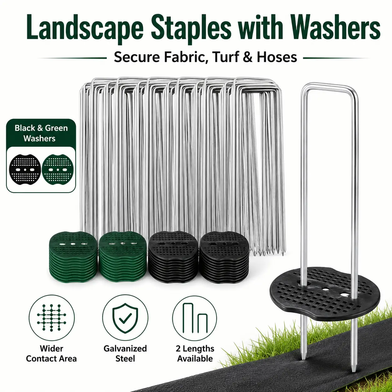 PINKART Landscape Staples with Washers, Galvanized U-Shaped Garden Stakes for Weed Barrier, Landscape Fabric, Ground Cover, Artificial Turf, Irrigation Hose, Lawn Edging, 50/100 Sets, 3.93/5.9 in