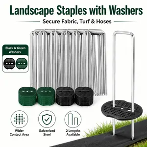 PINKART Landscape Staples with Washers, Galvanized U-Shaped Garden Stakes for Weed Barrier, Landscape Fabric, Ground Cover, Artificial Turf, Irrigation Hose, Lawn Edging, 50/100 Sets, 3.93/5.9 in