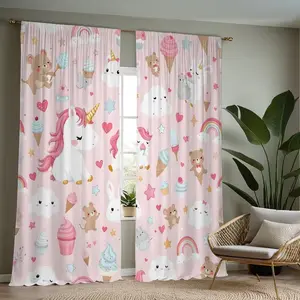 Cartoon Unicorn Print Curtains Set, Stylish Rod Pocket Window Drapes for Bedroom & Living Room, Comfortable Atmosphere, Easy Installation