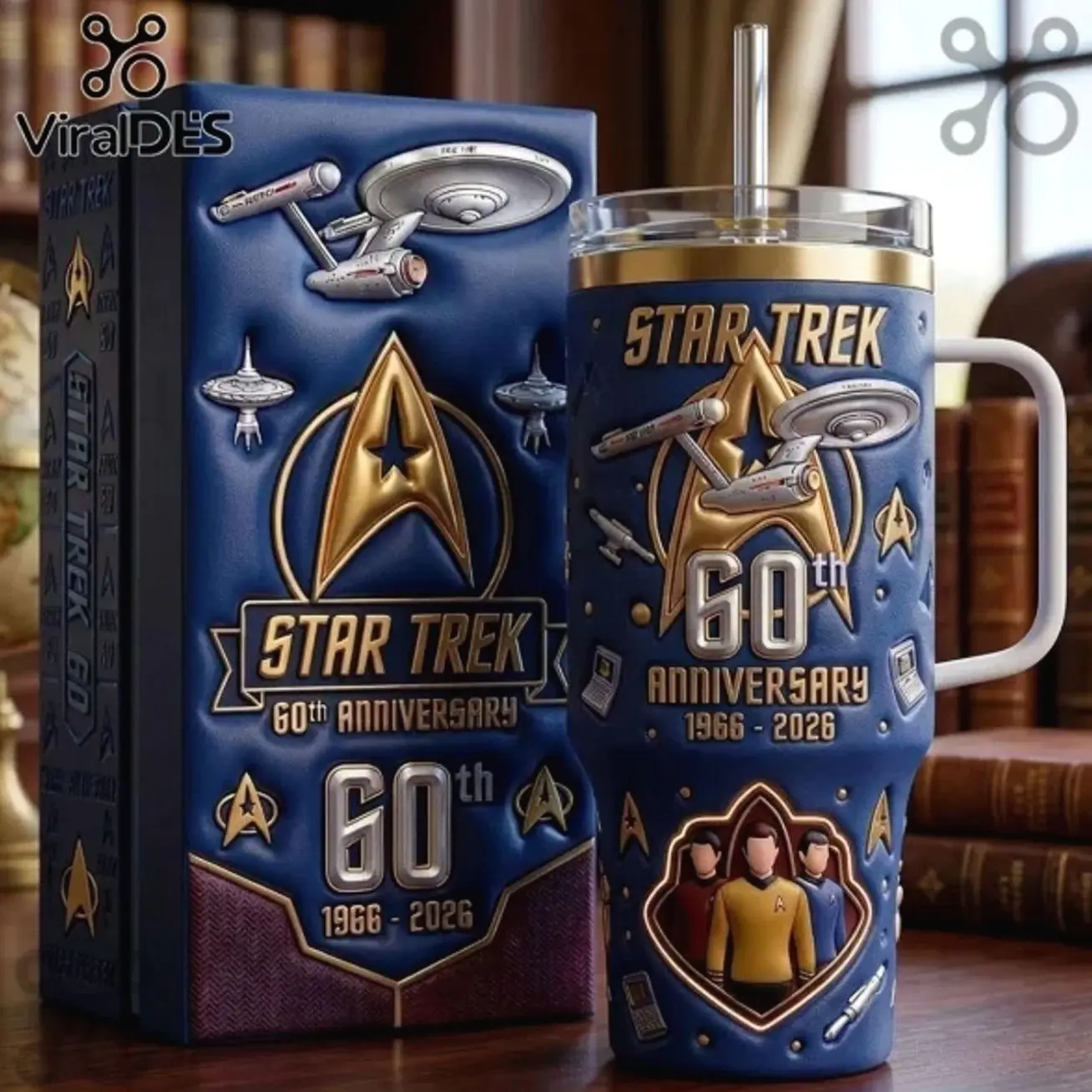 Star Trek 60th Anniversary Embossed Navy Blue Stainless Steel Handle Tumbler
