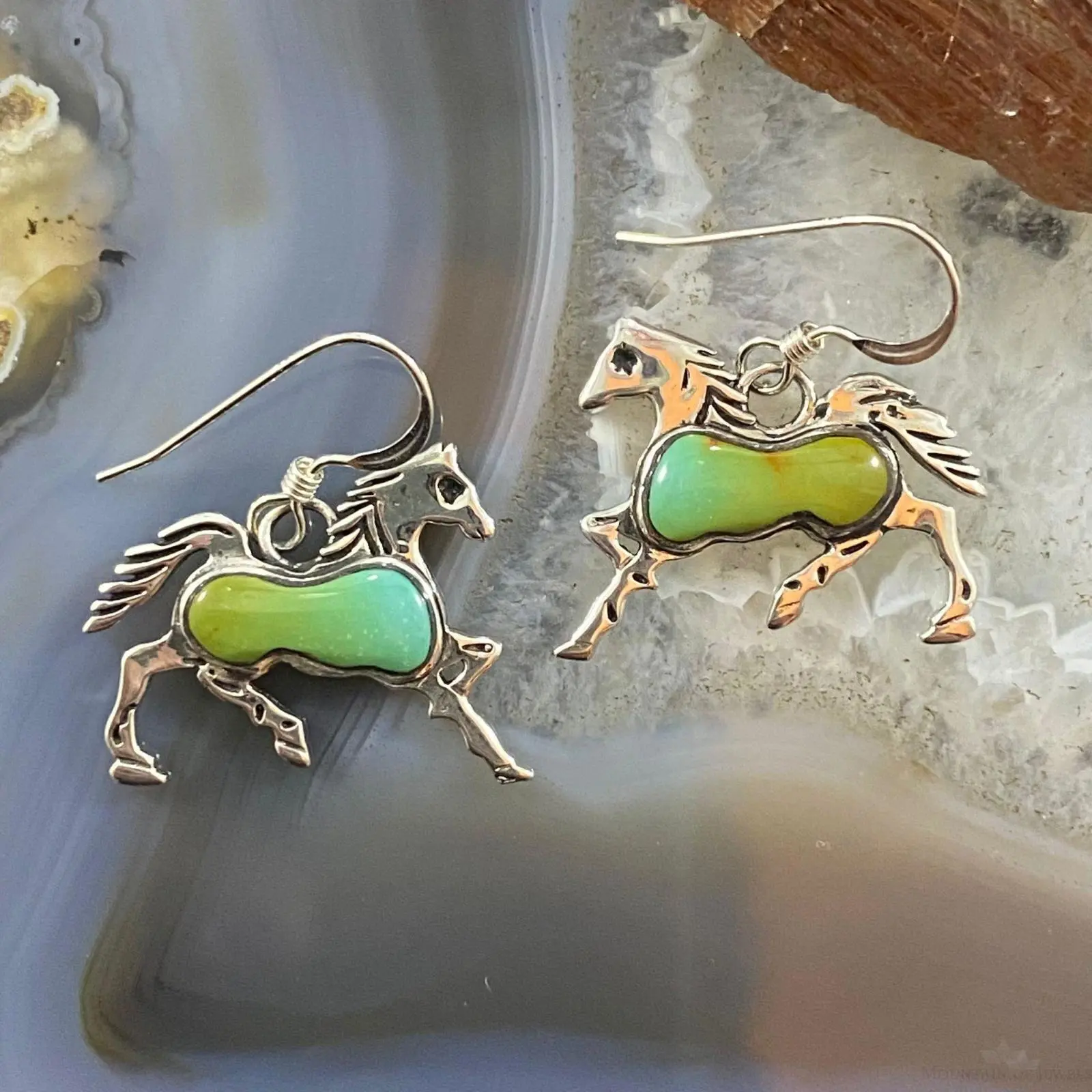 Native American Sterling Silver Turquoise Horse Dangle Earrings For Women
