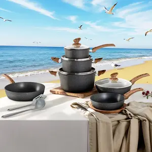 Kitchen Academy Granite Pots and Pans Set Non Stick, 12 Piece Cast Induction Cookware Set, Black Nonstick Kitchen Cooking Set w/Frying Pans & Saucepans