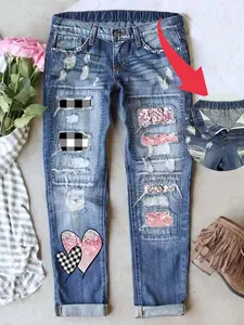 Women's Patch Ripped Distressed Mid-Waist Boyfriend Fit Washed Cute Print Loose Casual Denim Jeans Elastic Waistband Breathable Comfy for All Seasons