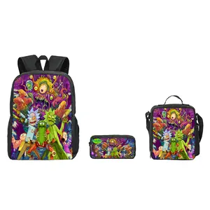 Rick and Morty 3 In 1 Backpack Set with Lunch Box & Pencil Case for Boys Girls Teens Anime School Bag Large Capacity Lightweight Bookbag Adjustable Straps Back Cushion Daypack Back to School Essentials Graduation Gift Anime Lover Gift Cartoon Fan Backpack