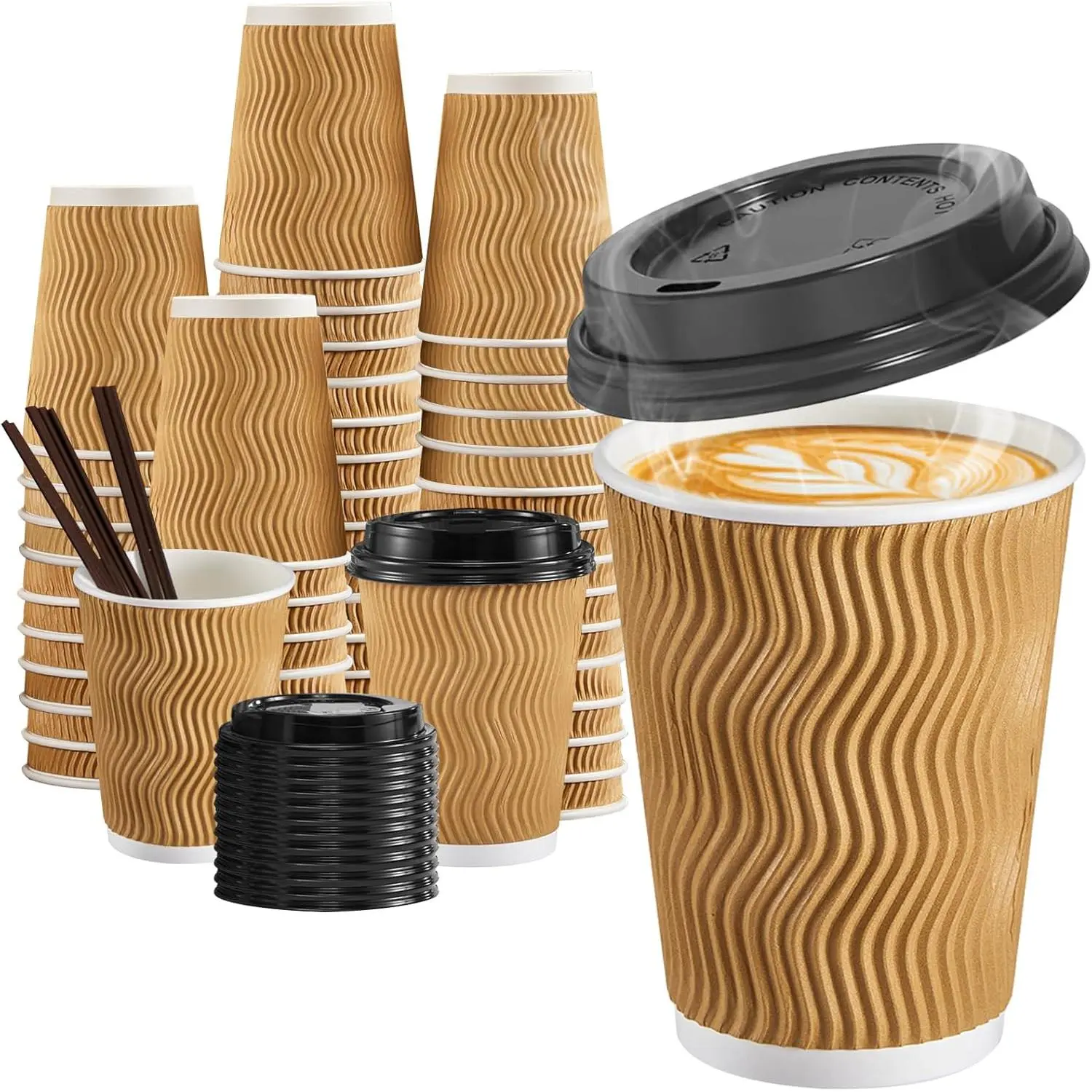 12 oz Coffee Cups-90 Pack Disposable Coffee Cups with Lids and Straws,  Insulated Ripple Wall To Go Paper Coffee Cup for Coffee, Hot and Hot Drinks  - Champagne - TikTok Shop