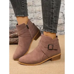 Women's Buckle Short Boots, Casual Ankle Boots, Simple Design, Perfect for Daily & Office Commutes, Ideal for Autumn Winter Wear