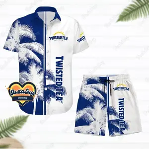 Twisted Tea Hard Iced Tea Hawaiian Shirt Shorts Set Men Women Palm Tree Blue White Print 2PC Loose Casual Aloha Summer Beach Party Drinking Matching Outfit