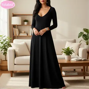 Yolabra Summer New Plus Size Women Solid Color Dress Sexy Deep V Neck Long Sleeve Elegant Slim Fit Soft Breathable Fabric Comfortable Wear Figure Flattering Stylish Design Daily Casual Wear Party Outfit Modern High Quality Elegant Dress