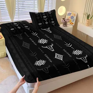 NO COMFORTER Multiple Size Black Southwestern Aztec Cow Skull Fitted Sheet Set, Elastic Deep Pocket, Stretchy Breathable, Machine Washable, All Season Use, Rustic Western Bedroom Decor