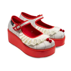 Hot Chocolate Design Clown Mary Jane Platforms – Red Pom Pom Ruffle, Chunky Statement Shoes
