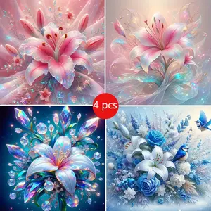4pcs Beautiful Floral Diamond Painting Kit, Adult Art Set, DIY 5D Round Drill Crafts, Home Wall Decor, Beginner Friendly, DIY Experience, Diamond Art Tools