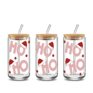 Elegant Christmas Hoho Design 16oz Glass Water Cup with Lid and Straw, Bamboo Lid Reusable Glass Drinking Cup, High-Quality Glass Jar Design, Suitable for Iced Coffee, Beer, Juice, Milk, Cold Drink Glass Cups, Fashionable Glassware